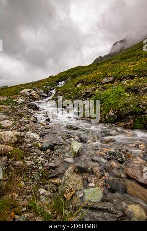 Ruisseau de montagne en Suisse. Eau bleue nette dans les Alpes suisses Banque D'Images