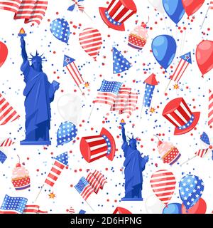 Motif USA sans coutures. Arrière-plan d'impression vectorielle. Symboles nationaux américains, célébration du jour de l'indépendance. Illustration de Vecteur