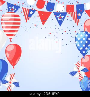 4 juillet, jour de l'indépendance des États-Unis. Cadre de vacances abstrait avec emplacement pour le texte. Fond blanc vectoriel avec feux d'artifice, drapeaux et ballons d'air. Illustration de Vecteur