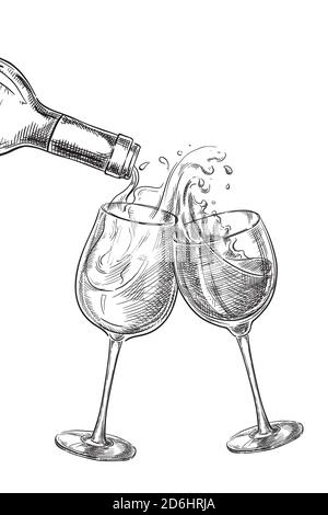 Deux verres avec boissons. Vin versé de la bouteille dans le verre, illustration vectorielle de croquis. Éléments de conception d'étiquettes dessinées à la main. Illustration de Vecteur