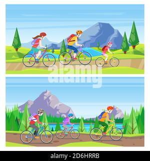 Vacances en famille, cyclisme et activités sportives en plein air. Ensemble de bannières horizontales vectorielles. Maman, papa et fille à vélo sur la route de montagne. Illustration de Vecteur