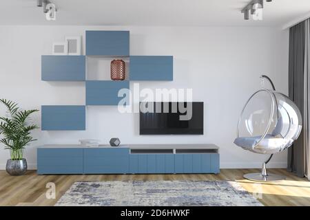 rendu 3d du design intérieur minimaliste de la zone tv avec arrondi fauteuil Banque D'Images