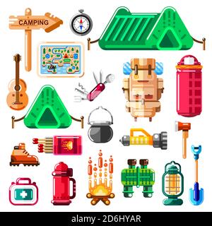 Ensemble d'icônes de camping et d'éléments de design isolés. Matériel, équipement et outils de camp Vector. Illustration de Vecteur