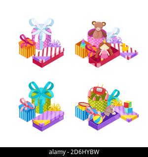 Cadeaux pour filles et garçons. Déballage des boîtes-cadeaux colorées avec des rubans et des jouets. Symboles et éléments de design Vector Holiday. Cadeaux fermés et ouverts. Illustration de Vecteur