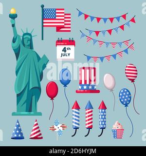 Les icônes des fêtes américaines et les éléments de design pour la fête de l'indépendance du 4 juillet. Illustration vectorielle. Illustration de Vecteur