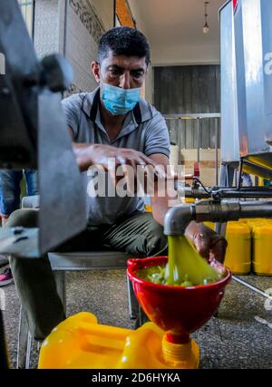 Gaza, la bande de Gaza, Palestine. 15 octobre 2020. Un ouvrier regarde une olive remplissant un bol avant qu'elle soit écrasée et pressée dans une usine d'huile d'olive à Gaza le 17 octobre 2020. Credit: Mahmoud Issa/Quds Net News/ZUMA Wire/Alay Live News Banque D'Images