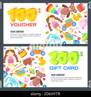 Carte-cadeau, bon d'échange, certificat ou modèle vectoriel de coupon. Modèle de bannière de réduction pour le magasin de jouets pour enfants. Illustration de Vecteur