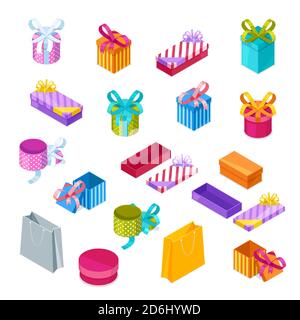 Boîtes-cadeaux multicolores, icônes isométriques de style 3D vectoriel. Ouvert et fermé cadeaux de vacances. Illustration de Vecteur