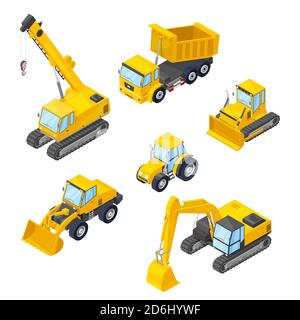 Icônes isolées de machines spéciales. Illustrations isométriques de type Vector 3d : pelle hydraulique, chargeuse sur pneus, bulldozer, tracteur, tombereau, grue. Illustration de Vecteur