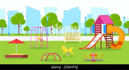 Jardin d'enfants ou aire de jeux dans le parc de la ville. Illustration de la vie urbaine vectorielle, des loisirs et des activités de plein air. Paysage urbain d'été ou de printemps. Illustration de Vecteur