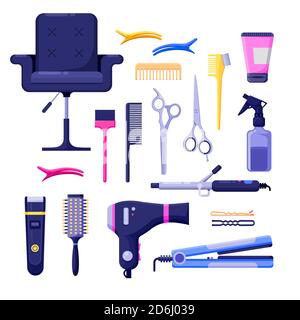 Salon de beauté icônes colorées et éléments de design vectoriel. Les outils et l'équipement de coiffeur de cheveux sont isolés sur fond blanc. Illustration de Vecteur