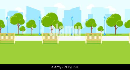 Paysage de parc urbain, fond horizontal sans couture. Illustration de la vie urbaine vectorielle. Paysage urbain d'été ou de printemps Illustration de Vecteur