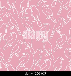 Motif d'oiseaux rose et blanc vectoriel sans couture, illustrations d'oiseaux dessinées à la main, motif de caniche. Illustration de Vecteur