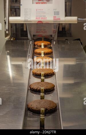 Gros biscuits sur le convoyeur d'une usine commerciale machine à emballer pour former des biscuits emballés individuellement Banque D'Images