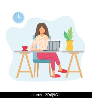 Jeune femme travaillant dans un bureau à domicile sur un ordinateur. Une fille tape sur un clavier d'ordinateur portable sur un bureau avec une tasse de café Illustration de Vecteur