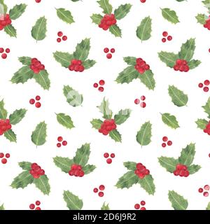 Motif de répétition de plantes Holly, baies rouges, illustration de l'aquarelle des fêtes d'hiver traditionnelles, feuilles et baies, symbole des fêtes de fin d'année et des rassemblements de famille, motif simple d'humeur festive Banque D'Images