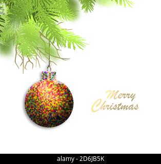 Motif Noël. Abstrait boule de Noël suspendue sur branches de sapin sur fond blanc. Texte doré Joyeux Noël Bonne Année. Placer pour le texte. Illustration 3D. Banque D'Images