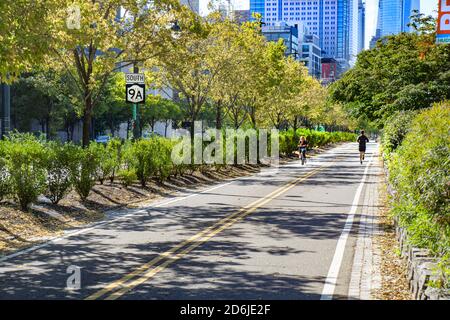 Cycliste et jogging sur la piste cyclable et de jogging le long de West Side Highway, New York City, New York, États-Unis Banque D'Images