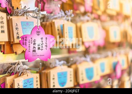 tokyo, japon - octobre 10 2020 : plaques EMA en forme de cerisier rose célèbres parmi les étudiants pendant les examens parce que comme le visage du Bouddha géant Ueno f Banque D'Images