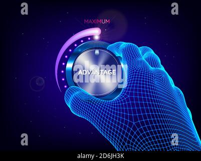 Main du bouton de commande de réglage manuel. Intelligence artificielle. Puissance maximale, avantage, concept de compétence. Illustration vectorielle de style futuriste SCI-fi. Illustration de Vecteur