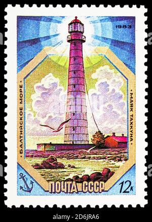 MOSCOU, RUSSIE - 10 SEPTEMBRE 2020 : timbre-poste imprimé en Union soviétique montre le phare de Tahkuna (Tackerort), 1875, série Lighthouses, vers 1983 Banque D'Images