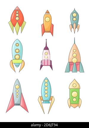 Jeu de coloriages d'icônes d'engins spatiaux enfantiles. Dessin linéaire des navettes. Différents types de fusée. Vecteur starships pour les logos et votre conception. Illustration de Vecteur