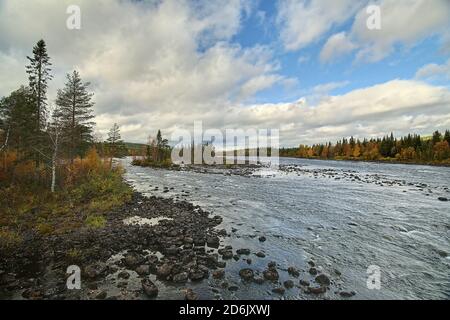 Vue sur la rivière Pite à Ljusselforsen en Laponie. Banque D'Images