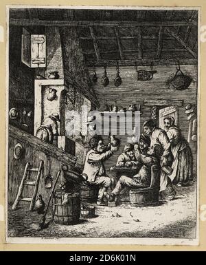 Un groupe de paysans buvant dans une taverne du XVIIe siècle. Deux hommes assis sur des chaises en tonneau élèvent leurs cruches et leurs tankards dans un toast. Les femmes se tiennent devant un foyer derrière elles. Gravure sur plaque de coperplate par David Deuchar d'UNE collection de gravures d'après les maîtres les plus éminents des écoles néerlandaises et flamandes, Édimbourg, 1803. Banque D'Images