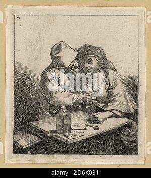 Deux amoureux paysan s'embrassant à une table de taverne, XVIIe siècle. Sur la table en bois se trouvent une bouteille de gin, de verre, de pipes de tabac. Gravure sur plaque de coperplate par David Deuchar d'UNE collection de gravures d'après les maîtres les plus éminents des écoles néerlandaises et flamandes, Édimbourg, 1803. Banque D'Images