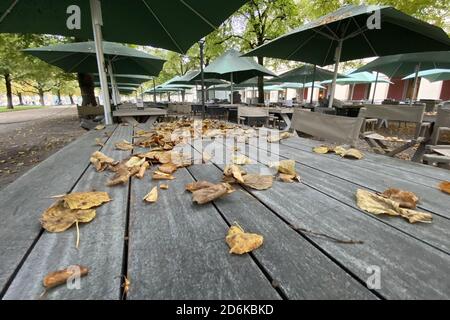 Sujet: Pandémie de coronavirus/conséquences pour la gastronomie. Les feuilles d'automne, les feuilles marron et jaune se trouvent sur les tables. Chaises et tables vides et inoccupées dans la zone extérieure du Tambosi dans la Hofgarten à Munich le 15 octobre 2020. Tables et chaises vides, fermeture due à la pandémie de corona, verrouillage, fermeture, valeur d'incidence. | utilisation dans le monde entier Banque D'Images