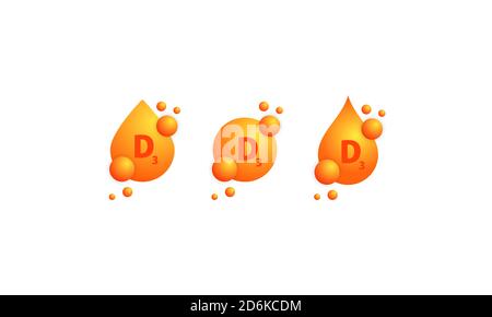 Ensemble d'icônes de vitamine D3. Une goutte d'or éclatante de substance. Soins de beauté nutrition soins de la peau conception. Complexe vitaminique avec formule chimique, groupe D3 Illustration de Vecteur