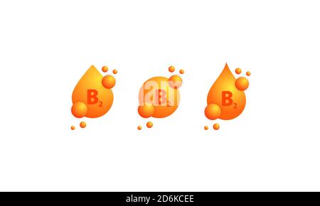 Ensemble d'icônes de vitamine B2. Une goutte d'or éclatante de substance. Soins de beauté nutrition soins de la peau conception. Complexe vitaminique avec formule chimique, groupe B2 Illustration de Vecteur