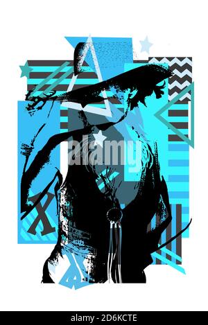 Silhouette de cowgirl sur fond noir et bleu avec rayures et l'arrière-plan de l'illustration en étoile Banque D'Images