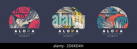 Aloha Hawaï. Ensemble de trois t-shirts vectoriels tropicaux colorés, affiches, imprimés, étiquettes Illustration de Vecteur