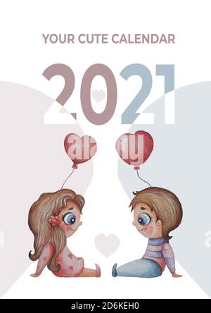 Aquarelle du calendrier 2021. Modèle de couverture pour un calendrier mensuel. Aquarelle. Dessin à la main - enfants mignons - garçon et fille avec des ballons. Texte - votre Banque D'Images