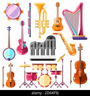 Illustration vectorielle des instruments de musique. Ensemble d'icônes isolées colorées et d'éléments de design Illustration de Vecteur