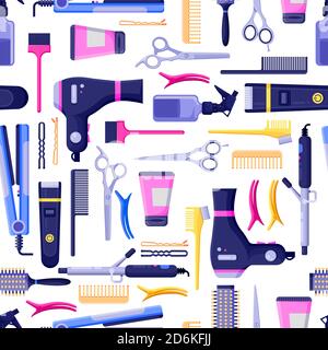 Motif vectoriel sans couture pour salon de beauté. Outils et équipements de coiffeur colorés. Imprimé textile de mode ou motif d'arrière-plan. Illustration de Vecteur