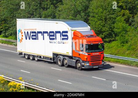 Warrens Culina Group transport camions de livraison, camion, véhicules lourds, transport, camion, porte-cargaison, Scania R440 véhicule, industrie européenne du transport commercial HGV, M6 à Manchester, Royaume-Uni Banque D'Images