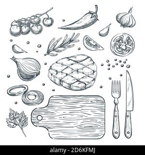 Cuisson du steak de viande, illustration vectorielle. Ensemble d'ingrédients alimentaires isolés dessinés à la main, légumes, épices. Restaurant, menu steak House Illustration de Vecteur