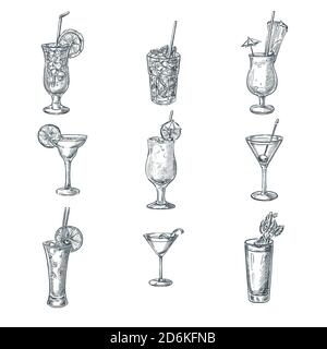 Illustration vectorielle d'esquisse de cocktails alcoolisés. Ensemble de boissons et boissons séparées tirées à la main. Eléments de conception de menu de barre. Illustration de Vecteur