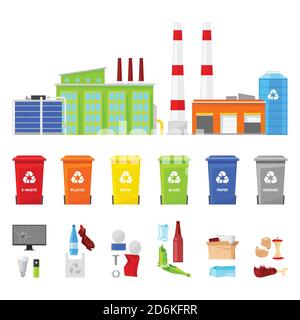 Tri et recyclage des déchets, illustration vectorielle plate. Usine de déchets industriels, plastique, organique, déchets de verre et paniers multicolores icônes isolées. Illustration de Vecteur