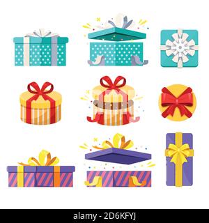 Ouvrir, fermer et afficher les boîtes-cadeaux. Jeu d'icônes vectorielles plates. Illustration de vacances présentes et surprises. Illustration de Vecteur