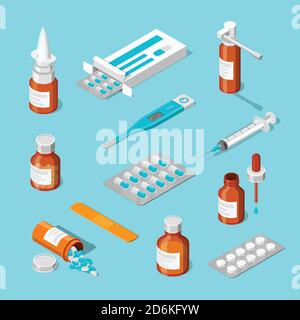 Ensemble d'icônes isométriques 3d vectorielles pour la pharmacie, la médecine et la santé. Pilules, médicaments, bouteilles illustration plate. Illustration de Vecteur