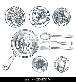 Petit déjeuner de cuisine, illustration vectorielle de la vue de dessus. Ensemble de repas isolé du matin tiré à la main. Restaurant ou café, menu brunch éléments design. Illustration de Vecteur