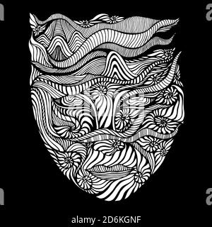Visage anthropomorphique surréel psychédélique noir et blanc avec des motifs sous forme d'ammonites, et page de coloriage de motif de ligne. Illustration de Vecteur