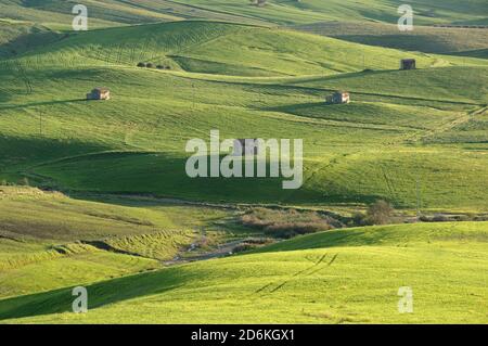 ferme abandonnée sur des collines vallonnées à la dernière lumière de jour Banque D'Images