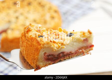 Morceau de gâteau avec soufflé au fromage cottage et prune décorée d'amandes et de myrtilles. Mise au point peu profonde. Banque D'Images