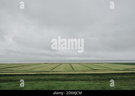 Vide gris vert minimal paysage nuageux - ferme agricole verte et plate, champs côtiers sur la côte d'Islande éloignée. Banque D'Images