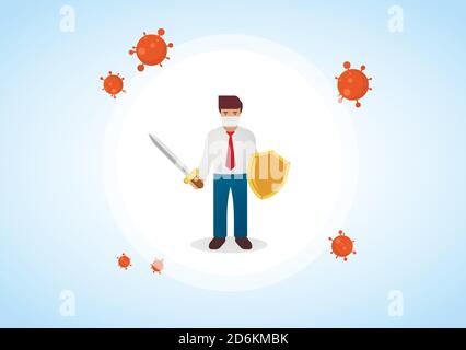 Homme d'affaires portant un masque médical de protection contre les virus tenant une épée et un bouclier doré pour protéger contre COVID-19. Arrêter la propagation du coronavirus. Vecteur Illustration de Vecteur