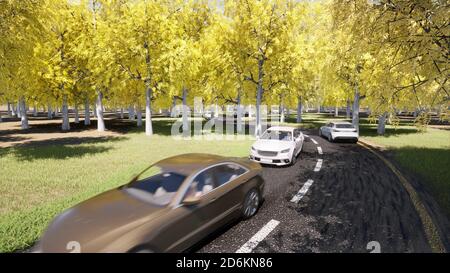 Circulation automobile jaune automne forêt nature route paysage. Magnifique rendu d'automne nature 3d Banque D'Images